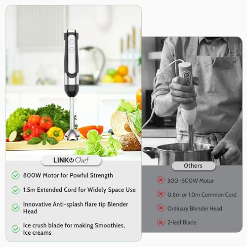 LINKChef 이머전 블렌더 휴대용, 강화 800와트 5단 터보 이머전 블렌더, 셰이크 및 스무디용 핸드 블렌더, 거품기 및 우유 거품기 부속품(3-in-1)이 포함된 304 스테인리스 스틸