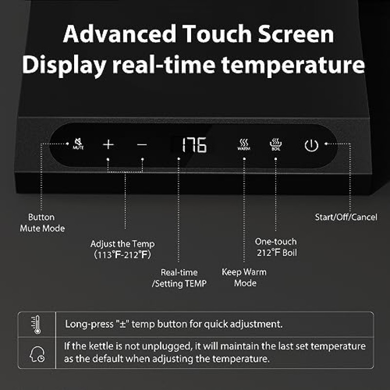온도 조절 기능이 있는 구즈넥 주전자, 아로마스터 전기 커피 차 주전자, 스테인레스 스틸, 2H 보온, 1200W 가족용 빠른 가열 전기 주전자, 자동 차단, 0.9L 검정색