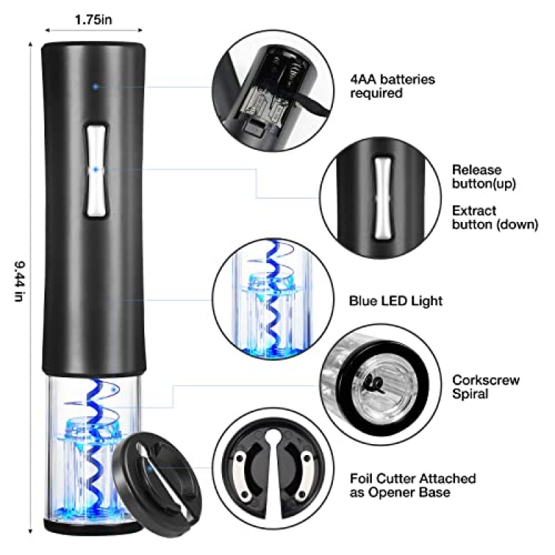 AYXXZJD 전기 와인 오프너, 포일 커터가 있는 배터리 작동식 와인 오프너, 와인 애호가를 위한 재사용 가능한 자동 와인 코르크 따개 제거제 선물 홈 주방 파티 바 결혼식