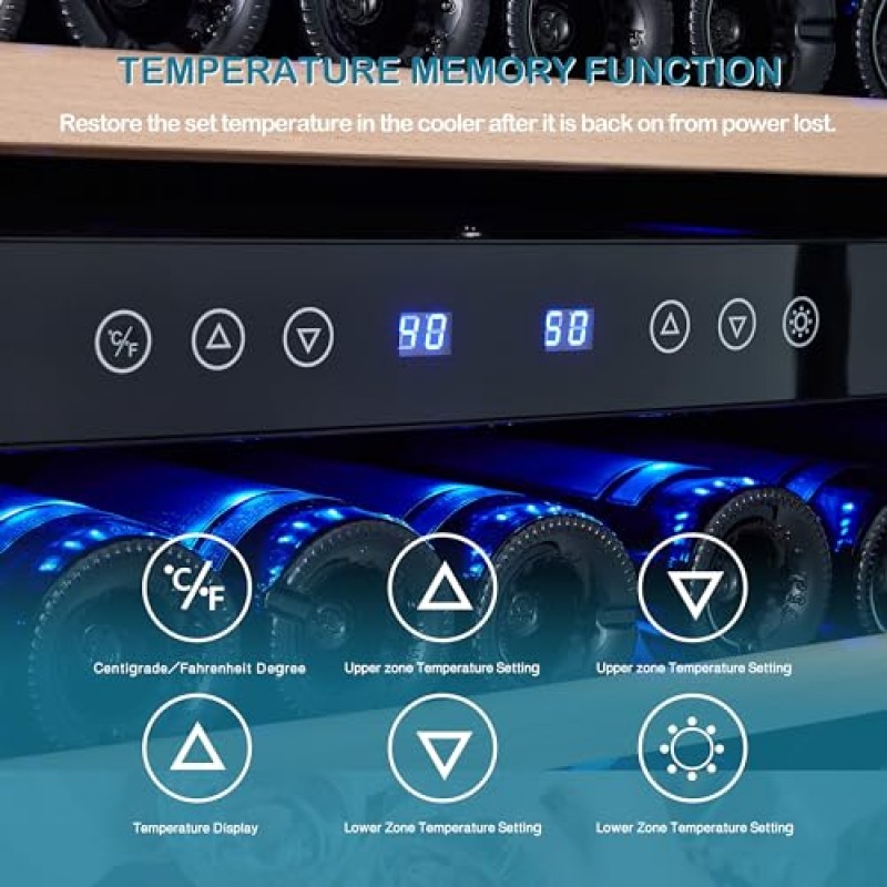 Kalamera 157병 독립형 와인 쿨러 냉장고, 스테인레스 스틸, 3중 강화 유리 도어, 전자 원터치 제어 장치(LED 디스플레이 포함) 와인 냉장고