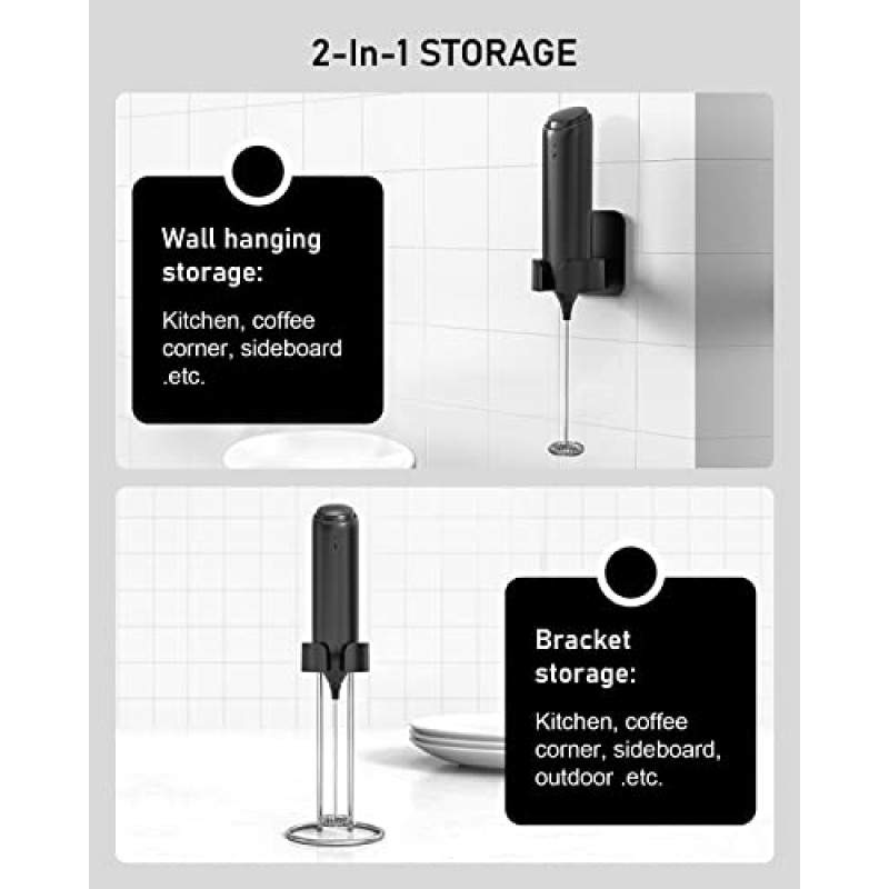 COKUNST 우유 거품기 휴대용, USB 충전식 스탠드가 있는 전기 우유 거품기, 말차 커피 라떼 휴대용 음료 믹서 주방용 붙여넣기 가능한 교수형 스탠드