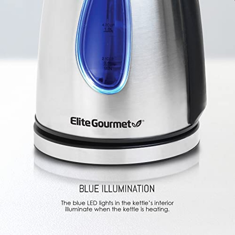 Elite Gourmet EKT-1271 Ultimate 1.7리터 전기 주전자 - 스테인리스 스틸 디자인 및 무선 360° 베이스, 스타일리시한 파란색 LED 내부, 간편한 자동 전원 차단 기능 - 물을 빠르게 끓여 차 등을 끓이는 용도