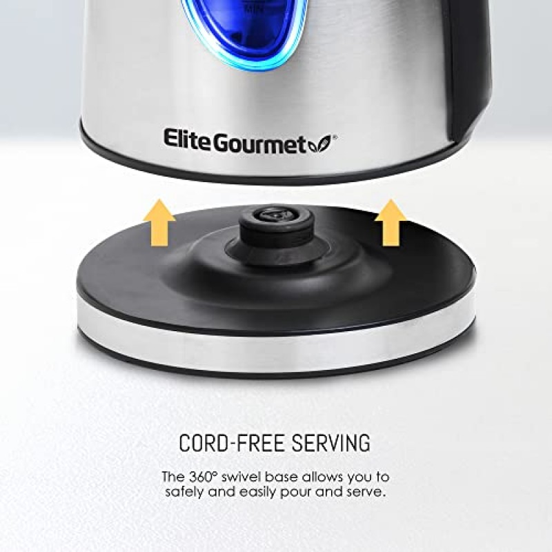 Elite Gourmet EKT-1271 Ultimate 1.7리터 전기 주전자 - 스테인리스 스틸 디자인 및 무선 360° 베이스, 스타일리시한 파란색 LED 내부, 간편한 자동 전원 차단 기능 - 물을 빠르게 끓여 차 등을 끓이는 용도