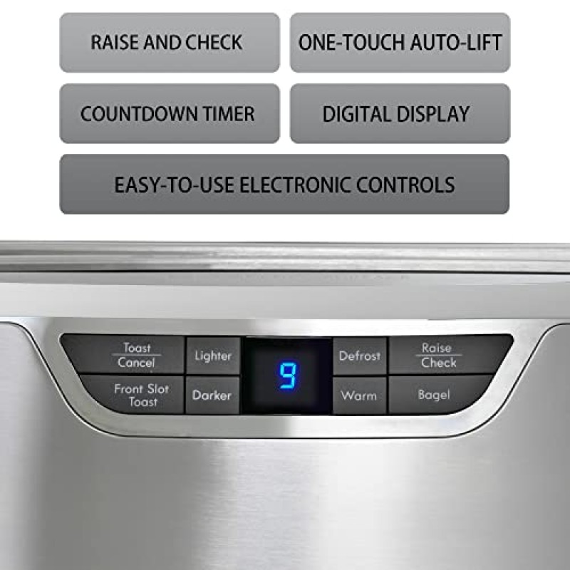 Kenmore 엘리트 4슬라이스 긴 슬롯 토스터 실버, 원터치 자동 리프트, 스테인리스 스틸, 조절 가능한 브라우닝, 해동, 디지털 카운트다운 타이머, 접이식 코드, 토스트, 베이글, 와플, 잉글리쉬 머핀