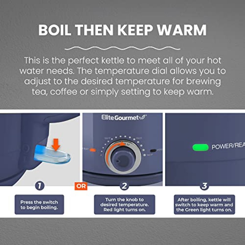 Elite Gourmet EKT1220DB 1.2L 전기 BPA 프리 유리 주전자, 온도 다이얼 보온 기능, 무선 360° 베이스, 파란색 LED 내부, 자동 차단 기능 - Quick Boil, 슬레이트 블루