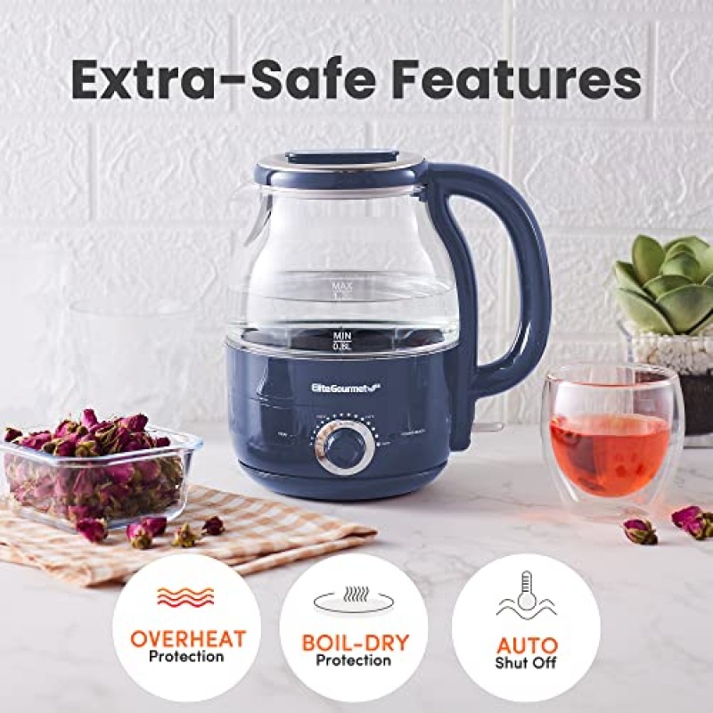 Elite Gourmet EKT1220DB 1.2L 전기 BPA 프리 유리 주전자, 온도 다이얼 보온 기능, 무선 360° 베이스, 파란색 LED 내부, 자동 차단 기능 - Quick Boil, 슬레이트 블루