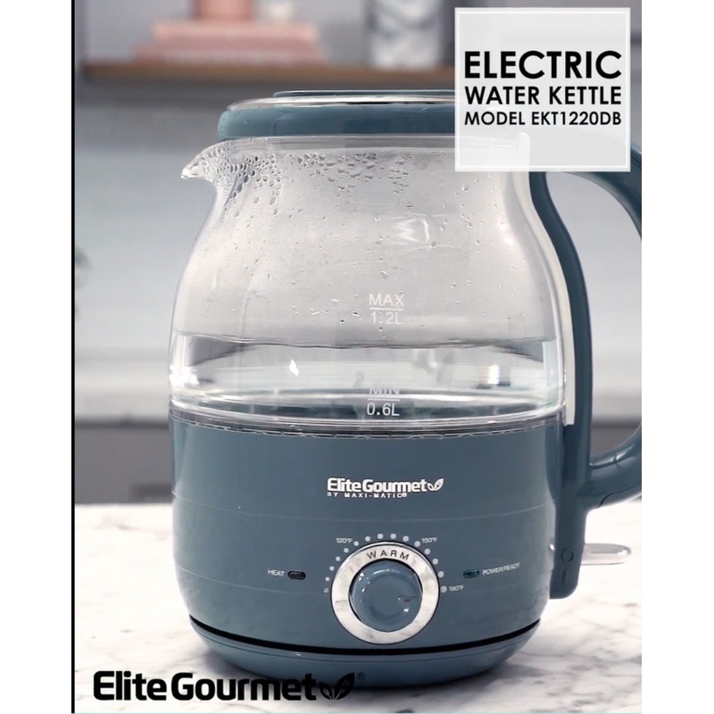 Elite Gourmet EKT1220DB 1.2L 전기 BPA 프리 유리 주전자, 온도 다이얼 보온 기능, 무선 360° 베이스, 파란색 LED 내부, 자동 차단 기능 - Quick Boil, 슬레이트 블루