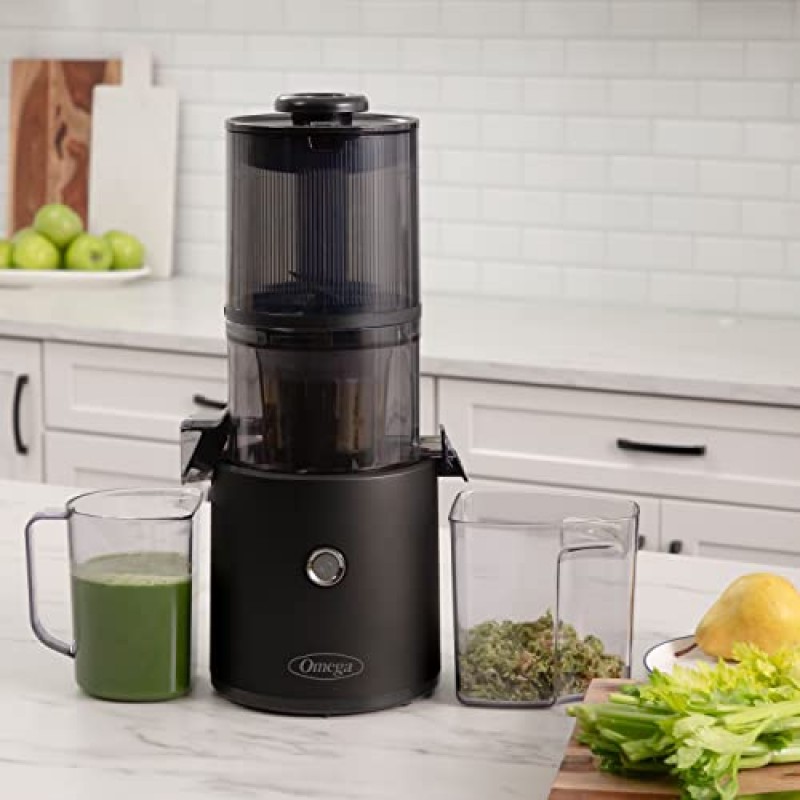 Omega Juicer JC2022BK11 저속 저작 콜드 프레스 야채 및 과일 주스 추출기 준비가 필요 없는 초대형 호퍼가 있는 배치 주스용 간편 시리즈, 68온스 용량, 150와트, 검정색