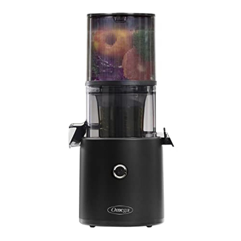 Omega Juicer JC2022BK11 저속 저작 콜드 프레스 야채 및 과일 주스 추출기 준비가 필요 없는 초대형 호퍼가 있는 배치 주스용 간편 시리즈, 68온스 용량, 150와트, 검정색