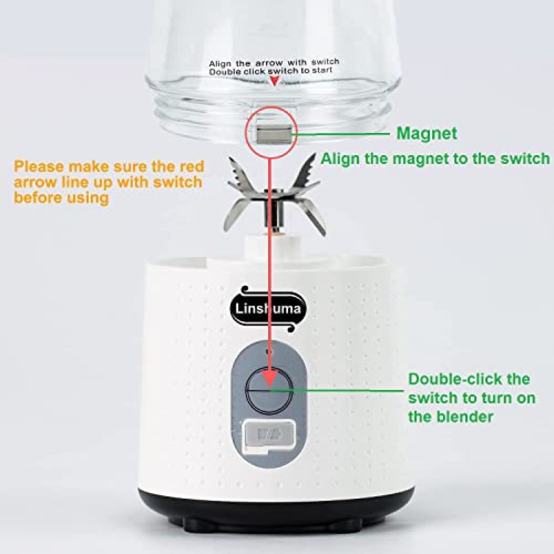 개인 블렌더, 휴대용 블렌더 USB 충전식, 쉐이크 및 스무디용 Linshuma 미니 블렌더 컵, 여행용 체육관 사무실용 신선한 과일 주스 블렌더 병 380ML 용량 흰색
