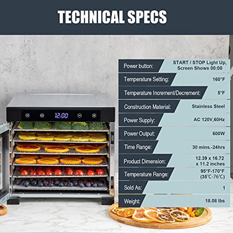 nutrichef 전기 조리대 식품 탈수기 기계 - 600와트 프리미엄 다층 고기 쇠고기 육포 제조기 과일/야채 건조기, 6개의 스테인레스 스틸 트레이, 디지털 타이머, 온도 조절 장치
