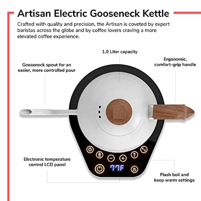 Brewista Artisan 전기 구즈넥 주전자, 1리터, 커피 붓기, 차 끓이기, LCD 패널, 정확한 디지털 온도 선택, 순간 끓임 및 보온 설정 유지(흰색 무지개 빛깔)