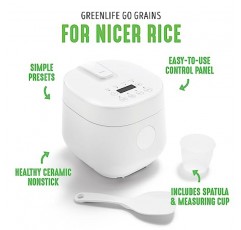 GreenLife 건강한 세라믹 붙지 않는 4컵 쌀 귀리 및 곡물 밥솥, PFAS 없음, 식기세척기 사용 가능 부품, 흰색