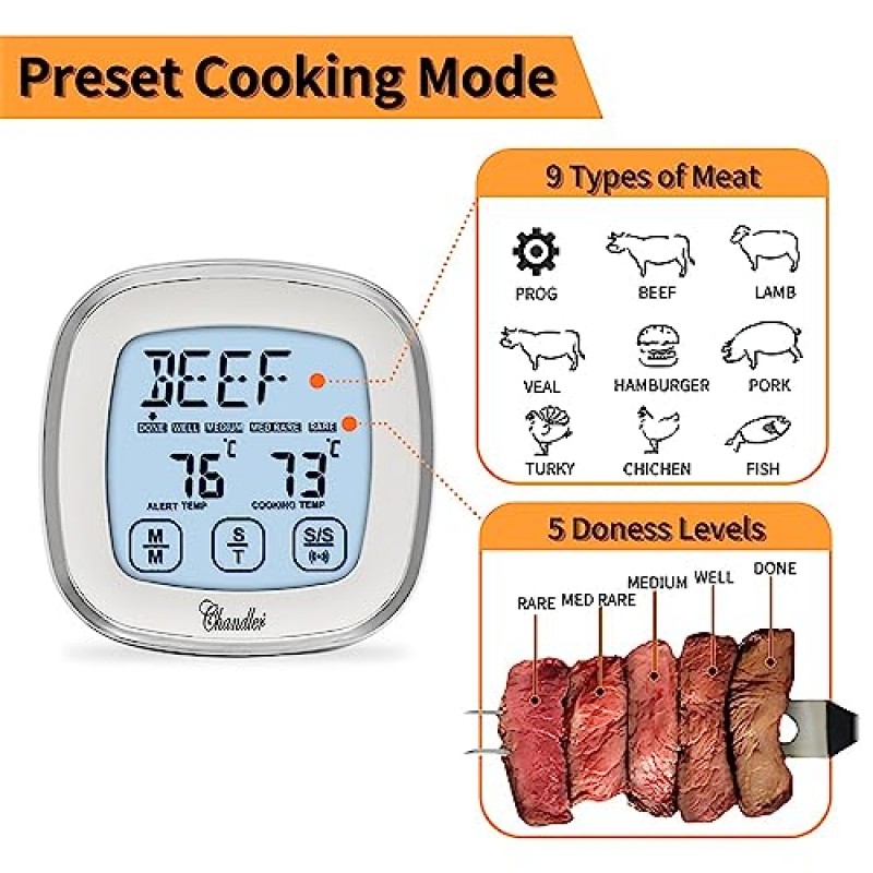 바베큐 및 요리 음식용 육류 온도계, 주방 디지털 온도계, 대형 터치 스크린 길이, 스테인레스 스틸 프로브, Chandler의 타이머 알람