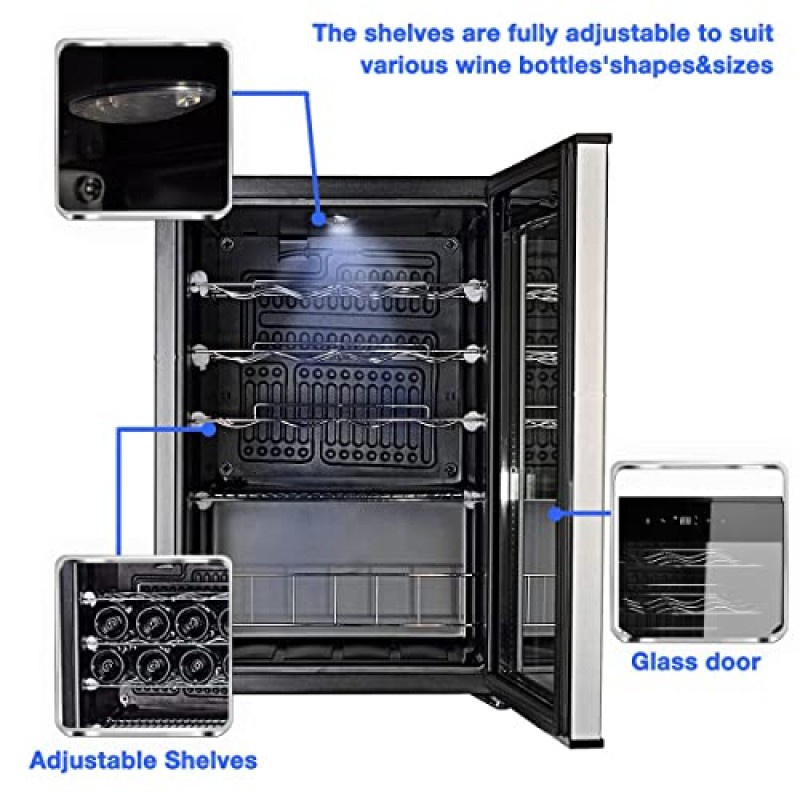 카운터 아래 SMETA 와인 냉장고 25IN 높이 미니 와인 냉장고 19병 수조 화이트 레드 와인 카바 샴페인 맥주 조용한 작동 스테인레스 스틸을 위한 자립형 휴대용 바 쿨러 지하실