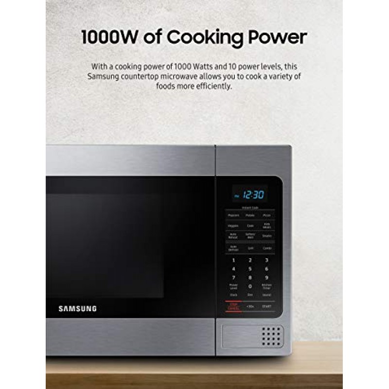 SAMSUNG 1.1 Cu Ft 조리대 전자레인지 오븐(그릴 요소 포함), 세라믹 에나멜 내부, 자동 조리 옵션, 1000와트, MG11H2020CT/AA, 스테인리스 스틸, 검정색, 거울 마감 처리, 15.8