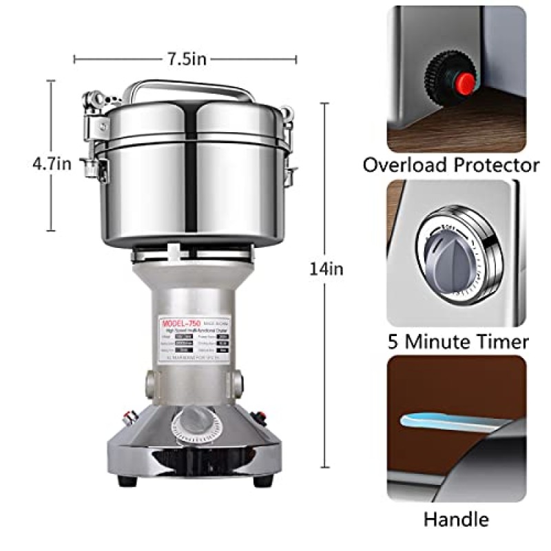 곡물 밀 분쇄기 750g 고속 전기 스테인레스 스틸 분쇄기 곡물 옥수수 가루 분쇄기 건조 향신료 허브 곡물 커피 쌀 후추 용 분말 기계 (750g 스탠드 유형)