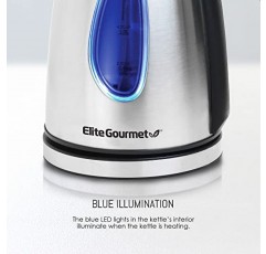 Elite Gourmet EKT-1271# Ultimate 1.7리터 전기 주전자 – 스테인리스 스틸 디자인 및 무선 360° 베이스, 스타일리시한 파란색 LED 내부, 편리한 자동 전원 차단 기능 – 차 등을 위해 물을 빠르게 끓입니다.