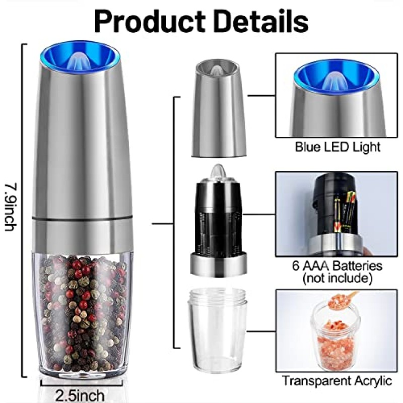 전기 소금 및 후추 셰이커 자동 후추 분쇄기 밀 2개 세트, 거칠기 조절 가능, 배터리 전원 사용, 파란색 LED 조명, 주방 및 바비큐용 한 손으로 작동 가능한 스테인리스 스틸 소금 분쇄기