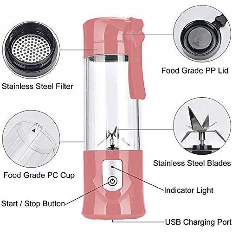 휴대용 과즙기 블렌더, 강력한 모터 4000mAh 충전식 배터리, 13Oz 병(핑크색)이 포함된 업데이트된 6개의 블레이드가 있는 USB 여행용 주스 컵 이유식 혼합기