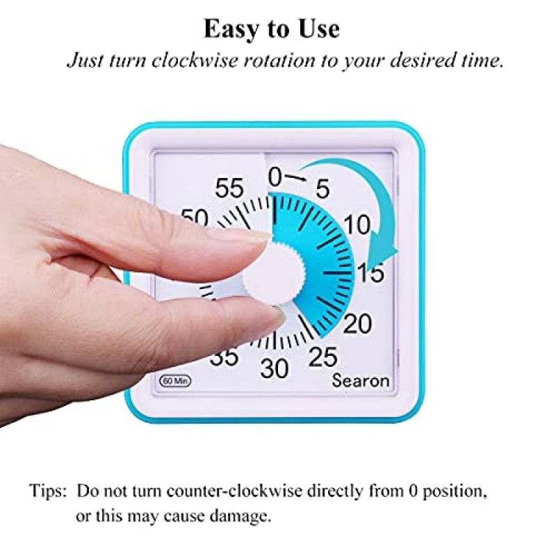 Searon 타이머, 어린이와 성인을 위한 시각 타이머, 3.07인치 정사각형 60분 카운트다운 아날로그 타이머(큰 소리가 나지 않음) 주방, 학교, 교사, 가정 작업 및 교실용(파란색)
