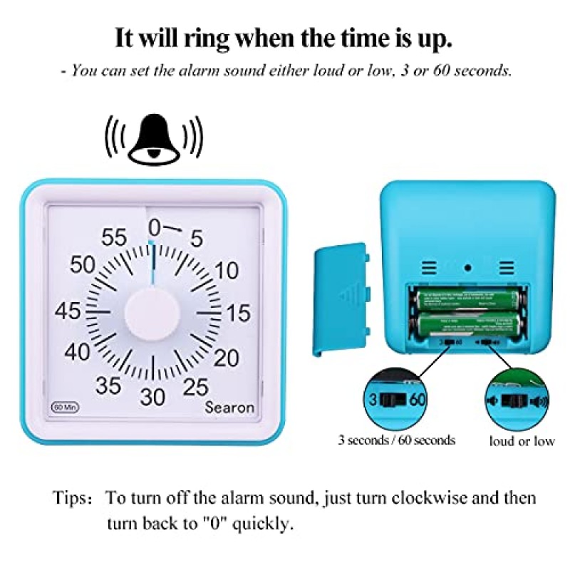 Searon 타이머, 어린이와 성인을 위한 시각 타이머, 3.07인치 정사각형 60분 카운트다운 아날로그 타이머(큰 소리가 나지 않음) 주방, 학교, 교사, 가정 작업 및 교실용(파란색)