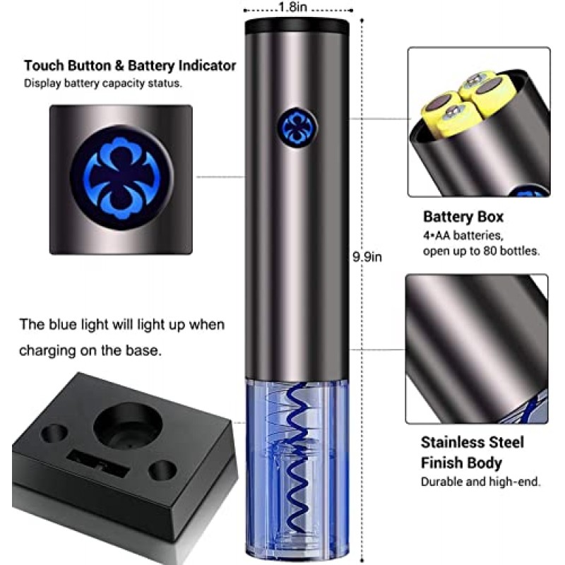 전원 도크가 포함된 전기 와인 오프너 선물 세트 - 자동 충전식 병 코르크 마개 뽑기 포일 커터, 에어레이터 푸어러, 진공 와인 마개 - 현재 집들이, 크리스마스 및 생일 선물