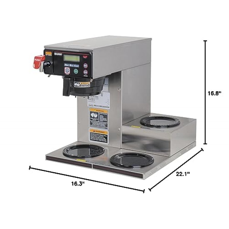 BUNN Axiom DV-3, 이중 전압 자동 상업용 12컵 커피 메이커, 하단 워머 3개, 38700.0009, 회색, 7.5 갤런