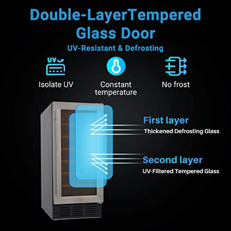 Techomey 카운터 아래 15인치 와인 냉장고, 업그레이드된 31병 와인 쿨러 내장형/독립형 가정용 디지털 온도 조절기, 유리 도어, 너도밤나무 목재 선반, 스테인레스 스틸, 검정색
