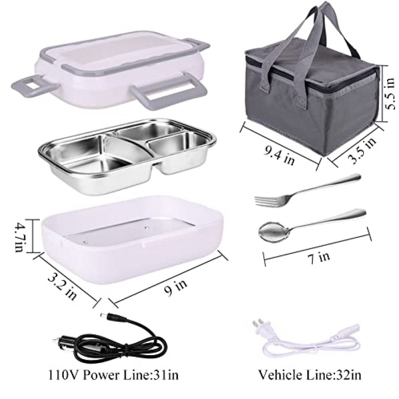 자동차 및 사무실용 전기 도시락 식품 히터 3-in-1 - 60W로 유연한 12/24/110볼트를 데울 수 있습니다. 1.5 리터, 3개의 칸, 스테인레스 스틸, 내구성, 누출 방지, 안전하고 신선하며 성인을 위한 따뜻한 식사 상자