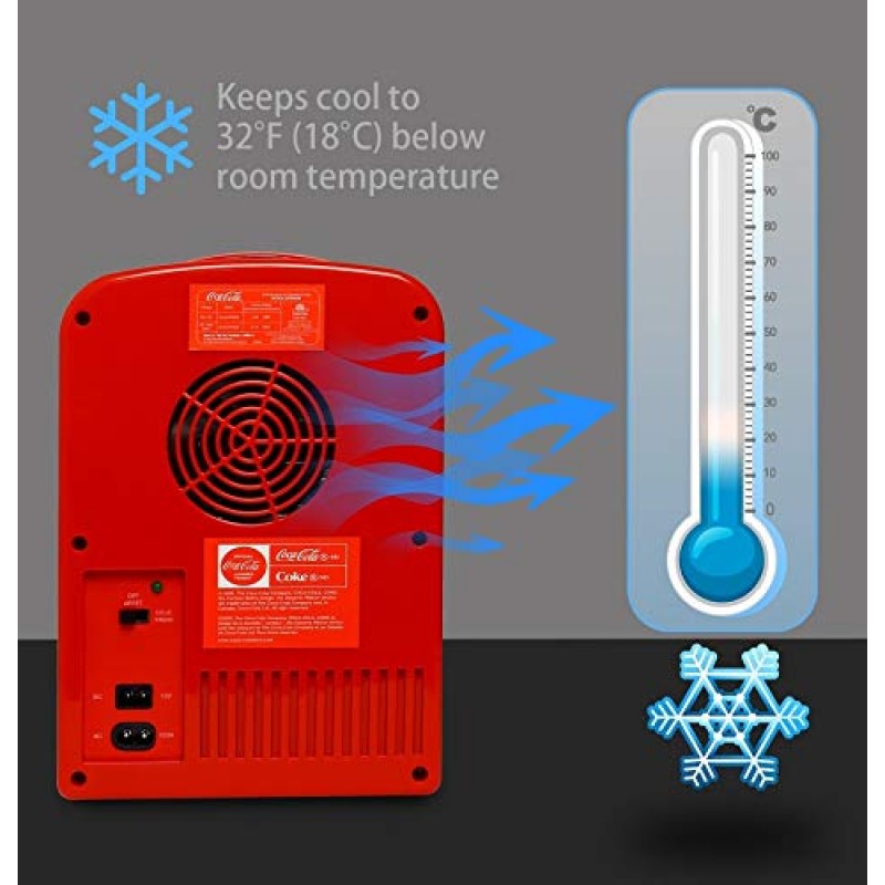 코카콜라 클래식 콜라병 4L 미니 냉장고(12V DC 및 110V AC 코드 포함), 6캔 휴대용 쿨러, 스낵용 개인 여행용 냉장고, 점심 음료수 화장품, 책상 홈 오피스 기숙사, 빨간색