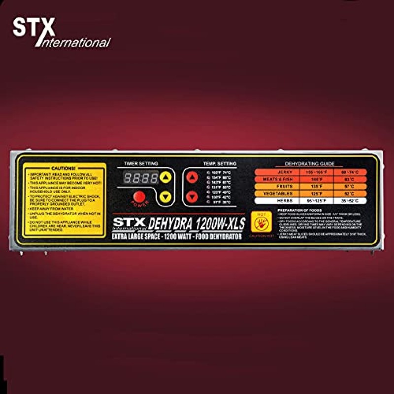 STX International STX-DEH-1200W-XLS Dehydra 상업용 스테인레스 스틸 디지털 식품 탈수기 - 트레이 10개 - 1200와트 - 화씨 165도 - 15시간 타이머가 있는 육포 안전