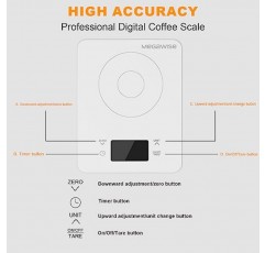 타이머가 포함된 MEGAWISE 고정밀 커피 스케일, 듀얼 전원 공급 장치, 방수 강화 유리, 5가지 계량 모드, 전문 커피 브루잉 타이머