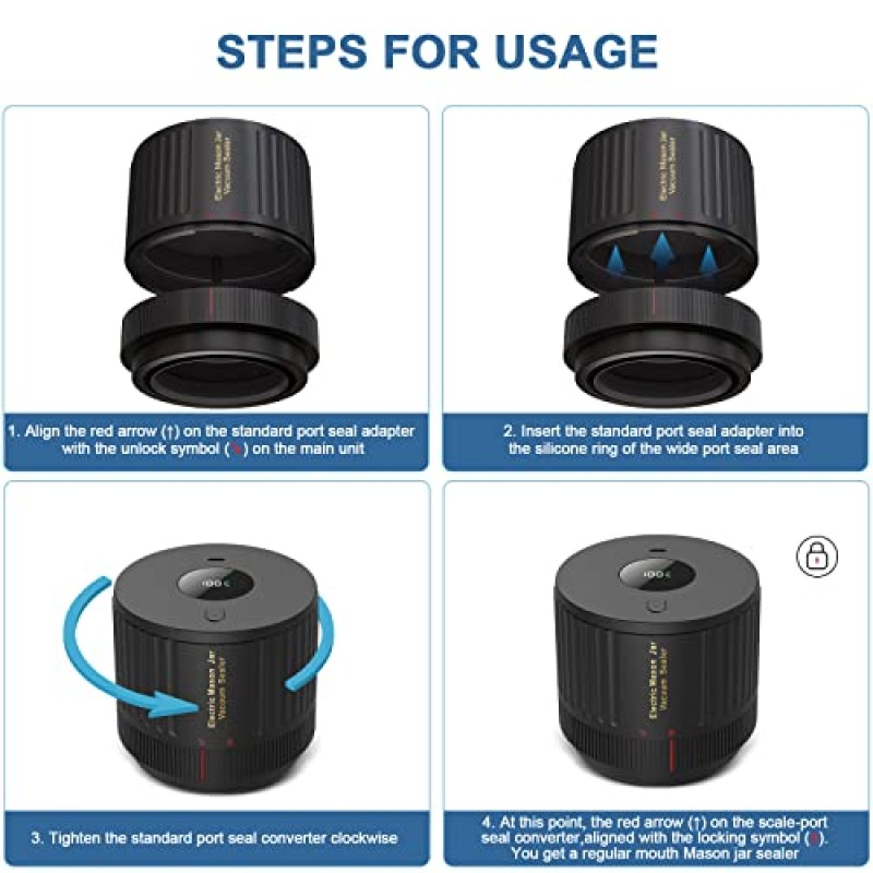 입이 넓고 입이 넓은 메이슨병용 전기 메이슨 무선 진공 실러 키트, 식품 보관 및 발효용, 검정색