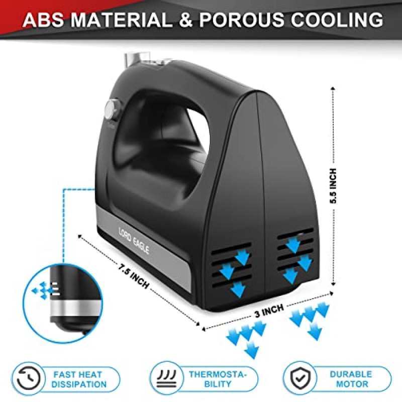 Lord Eagle 핸드 믹서 전기, 베이킹 케이크용 400W 전력 핸드헬드 믹서 계란 크림 푸드 비터, 터보 부스트/자체 제어 속도 + 5개 속도 + 꺼내기 버튼 + 5개 스테인레스 스틸 액세서리(검은색)