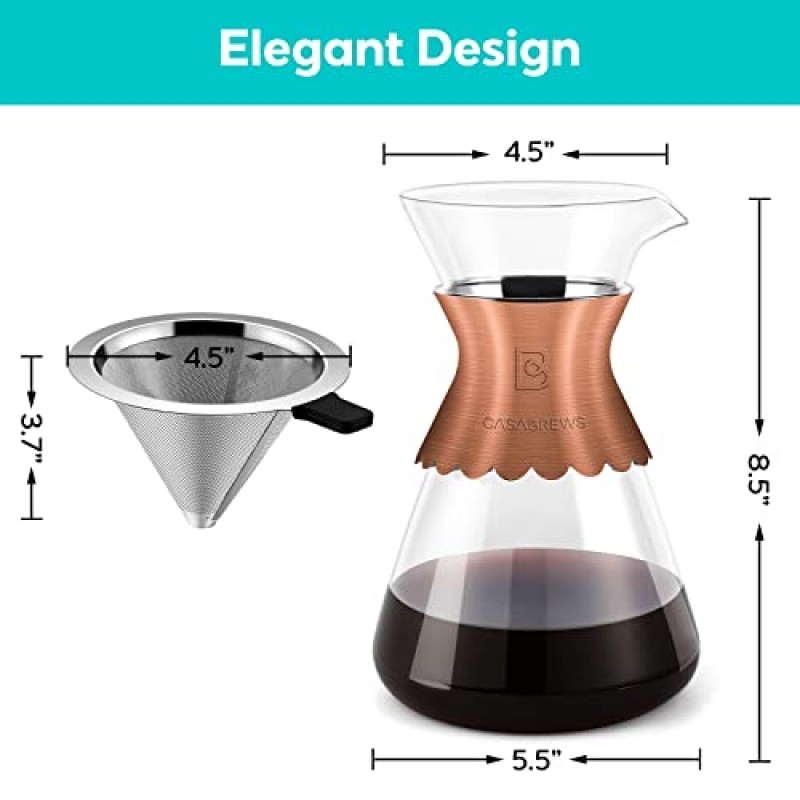 CASABREWS 푸어오버 커피 메이커, 재사용 가능한 스테인레스 스틸 필터가 포함된 우아한 커피 드리퍼, 홈 오피스용 내열 커피 브루어, 34온스 유리 커피병, 청동