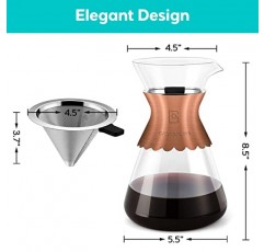 CASABREWS 푸어오버 커피 메이커, 재사용 가능한 스테인레스 스틸 필터가 포함된 우아한 커피 드리퍼, 홈 오피스용 내열 커피 브루어, 34온스 유리 커피병, 청동