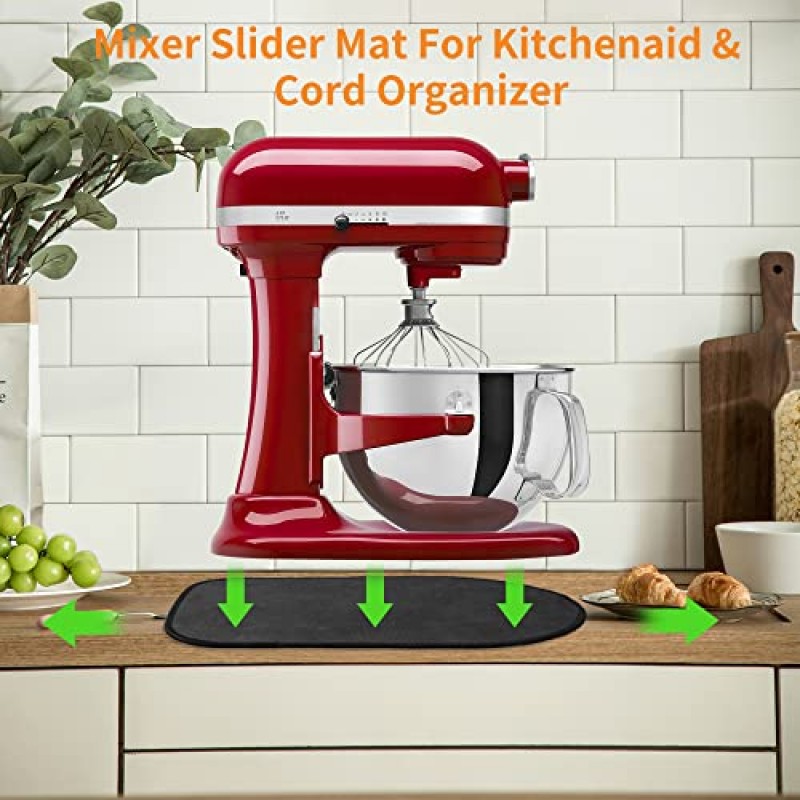 Kitchenaid 믹서용 Owowong 슬라이딩 매트, 5-8 Qt 보울 리프트 스탠드 믹서용 Mover 슬라이더 매트 패드, 회색 코드 정리기가 있는 Professional 600 스탠드 믹서와 호환되는 주방 기기 슬라이더 매트