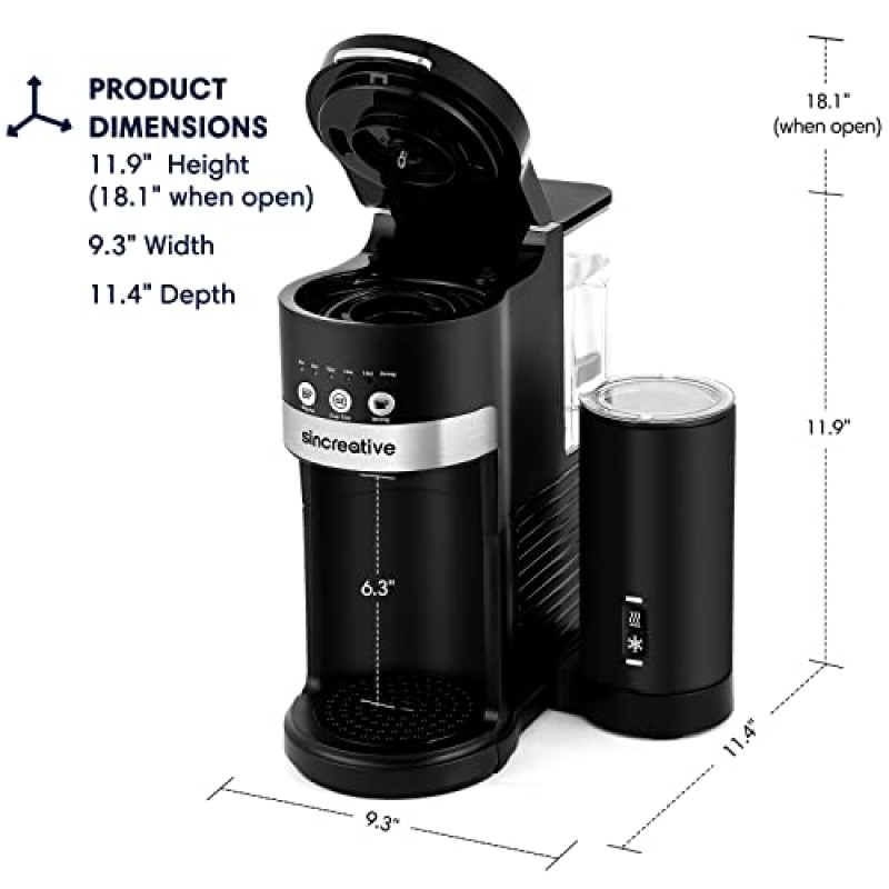 우유 거품기가 있는 Sincreative 싱글 서브 커피 메이커, K 컵 포드 또는 분쇄 커피용 싱글 컵 커피 메이커, 강력한 양조 기능이 있는 라떼 카푸치노 커피 머신, 엄마 아빠 여성 남성을 위한 선물