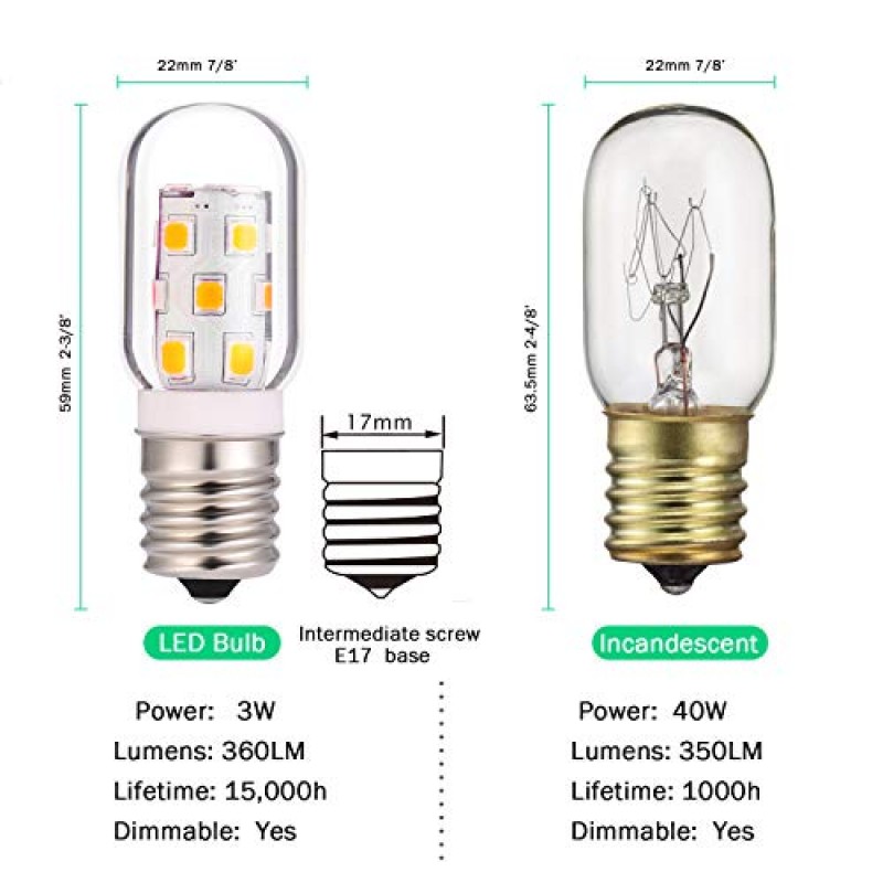 Neanete LED 전자레인지 기기 전구 냉장고 레인지 후드용 스토브 상당 40W 백열 전구 E17 중간 나사 베이스 120V 3W 360lm 디밍 가능 일광 5000K 4개 팩