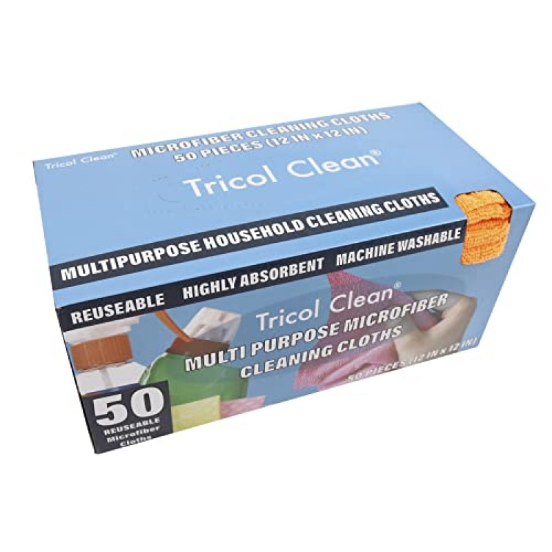 Tricol Clean Profesional Resuable 보푸라기 없는 극세사 모서리 없는 청소 천 걸레 50PK, 하우스키핑용 디스펜서 상자, 자동차 청소(12 * 12인치), 파란색