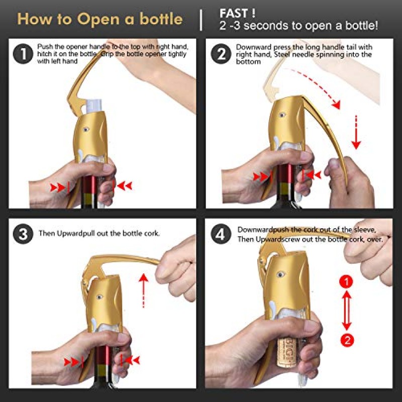 Catgod 스틸 컴팩트 와인 오프너, 스테인레스 스틸 와인 오프너 포일 커터 및 추가 나선형 (골드)이 포함된 기존 수직 코르크 따개 와인 오프너