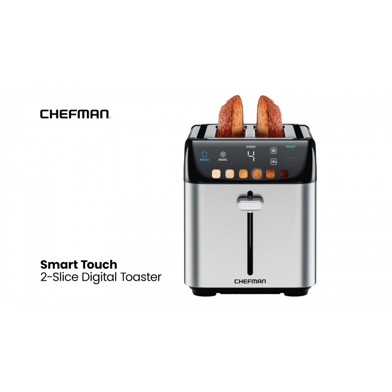 Chefman Smart Touch 2슬라이스 디지털 토스터, 6가지 셰이드 설정, 스테인리스 스틸 토스터 2슬라이스(매우 넓은 슬롯), 두꺼운 빵 토스터 및 베이글 토스터, +10, 해동, 탈착식 부스러기 트레이