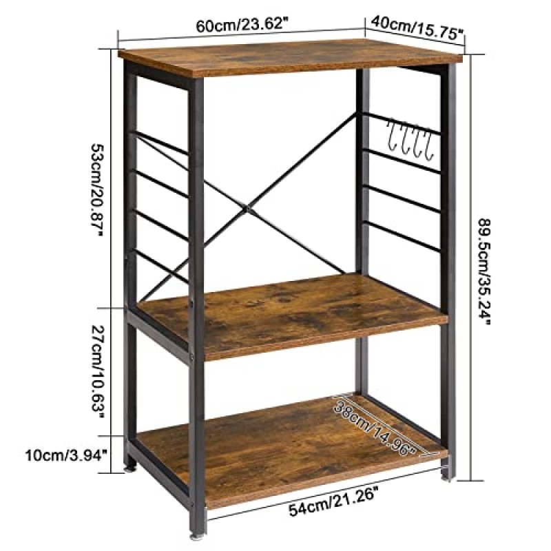 YMYNY 스탠딩 베이커 랙, 금속 프레임과 후크 6개가 있는 3단 주방 전자레인지 오븐 스탠드, 거실용 다기능 커피 바 테이블, 패널 높이 조절 가능, 러스틱 브라운, UHTMJ022H