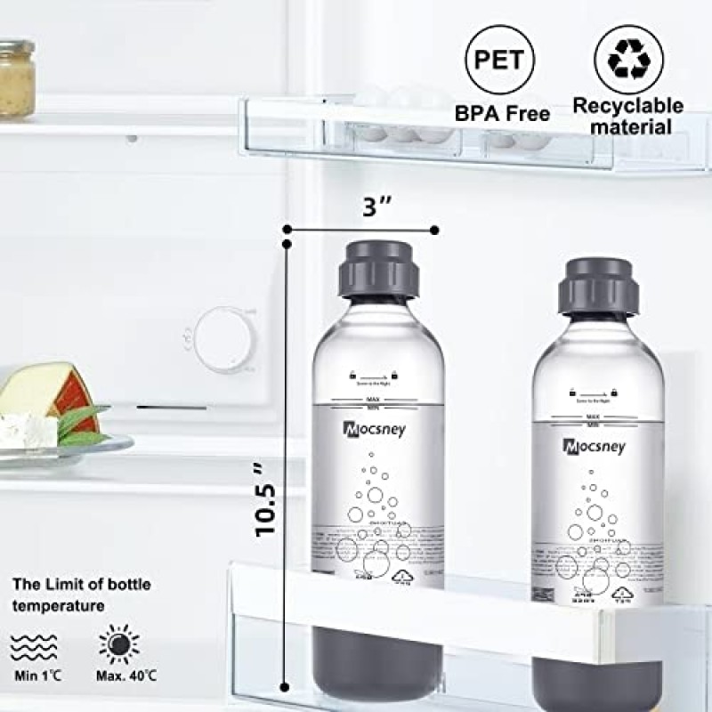 Mocsney 탄산수 병(2팩), 33.8oz/800ml PET 탄산수병 소형 소다 제조기, BPA 프리, 회색