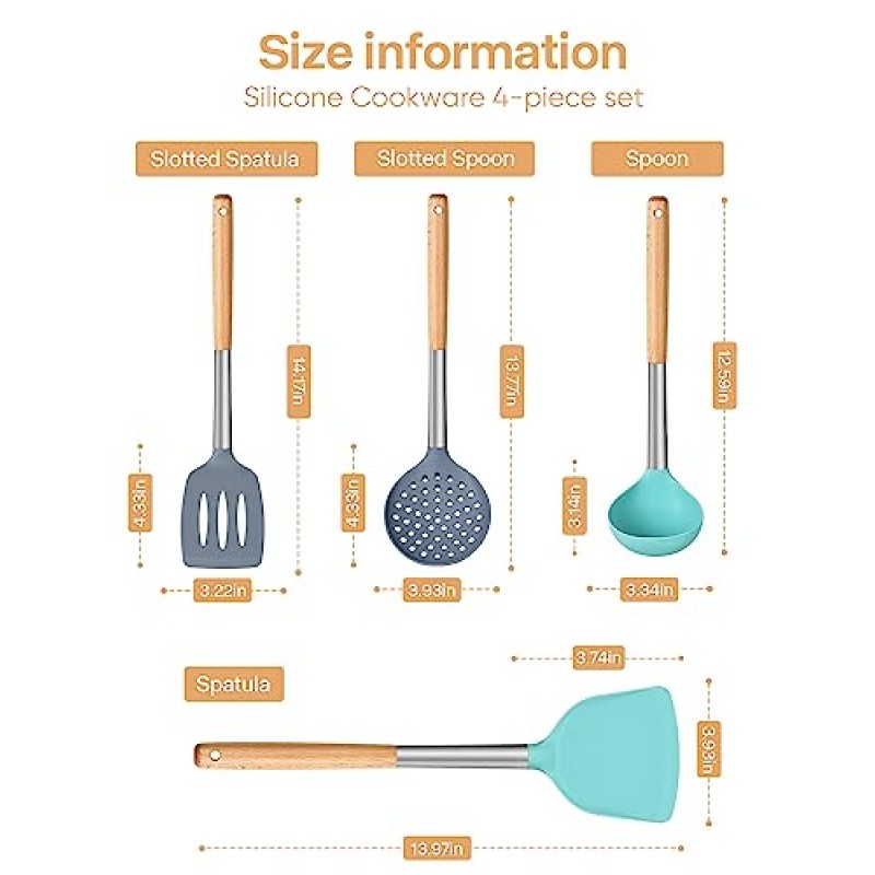 Niulife 실리콘 주방 조리기구 세트, 4개 붙지 않는 주걱, 내열성 가제트 조리기구 냄비 및 팬 홈 필수품, 회색