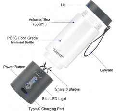 COKUNST 18Oz 개인용 크기 블렌더(충전식 Type-C 및 셰이크 및 스무디용 블레이드 6개 포함). 과일 야채 과즙기 여행 스포츠 주방용 미니 강력한 휴대용 블렌더 컵