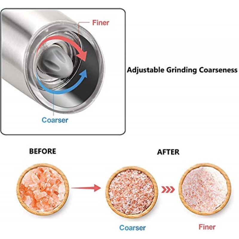 전기 중력 소금 및 후추 분쇄기, 자동 후추 및 소금 밀, 조정 가능한 거칠기로 배터리로 작동, LED 조명이 포함된 프리미엄 스테인레스 스틸, 한 손으로 작동(은색 1팩)