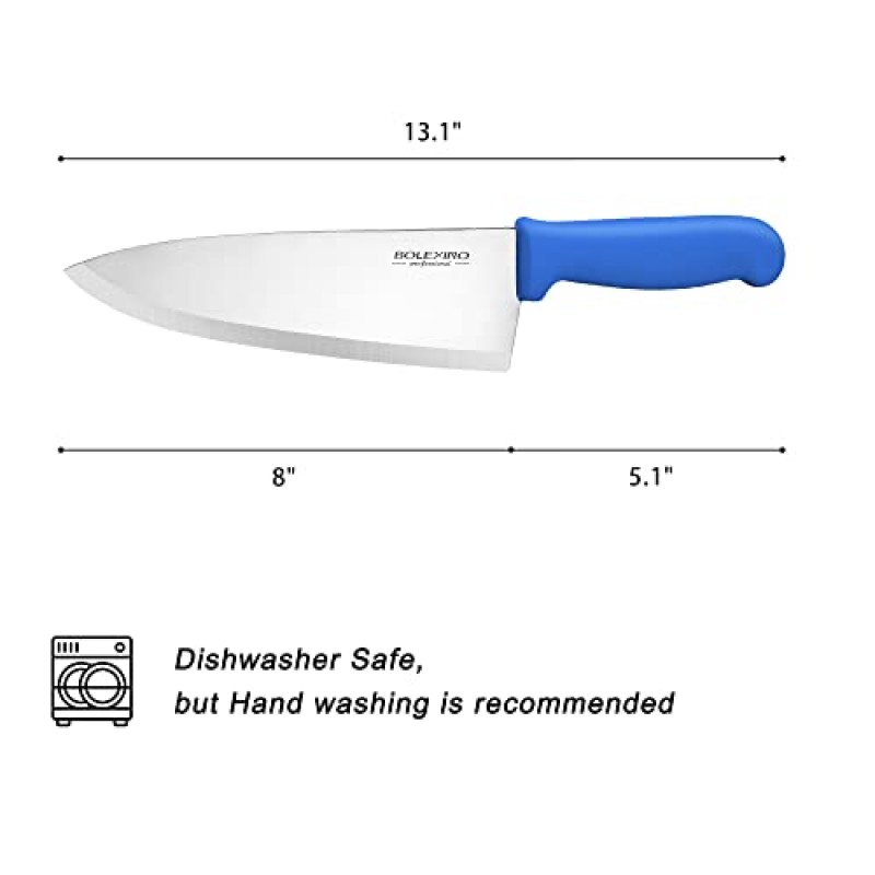 BOLEXINO 8인치 일본산 고탄소 스테인레스 스틸 셰프 나이프, 미끄럼 방지 인체공학적 손잡이가 있는 전문 엑스트라 샤프 와이드 쿡 나이프, 주방 홈 레스토랑용