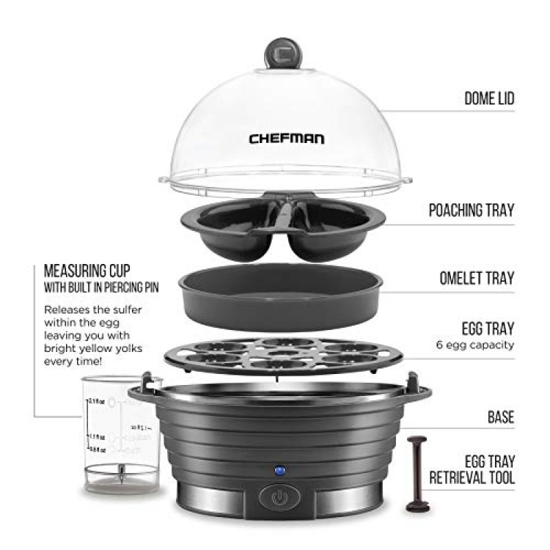 Chefman 전기 계란 밥솥 보일러, 신속한 계란 제조기 및 밀렵꾼, 음식 및 야채 찜기, 계란 6개 빠르게 만들기, 단단한 삶은 것, 중간 삶은 것 또는 부드러운 삶은 것, 수렵/오믈렛 트레이 포함, 준비 신호, BPA 없음, 회색